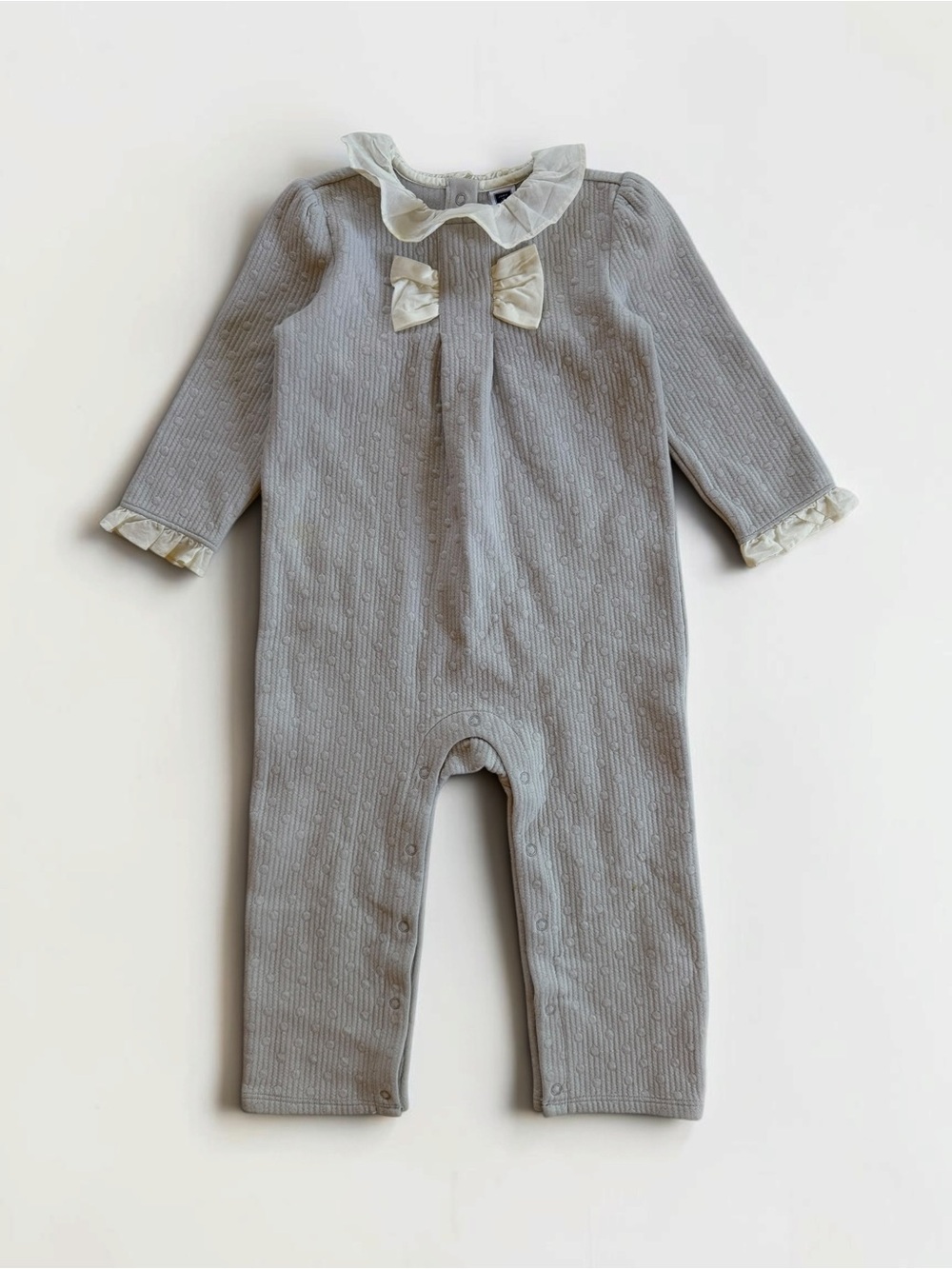 JANIE & JACK EUC Girls Textured Ruffle Collar Bow Long Sleeve Romper